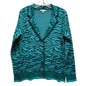 Button Front Cardigan Tiger Print Heavy Knit Blazer Jacket Green Medium